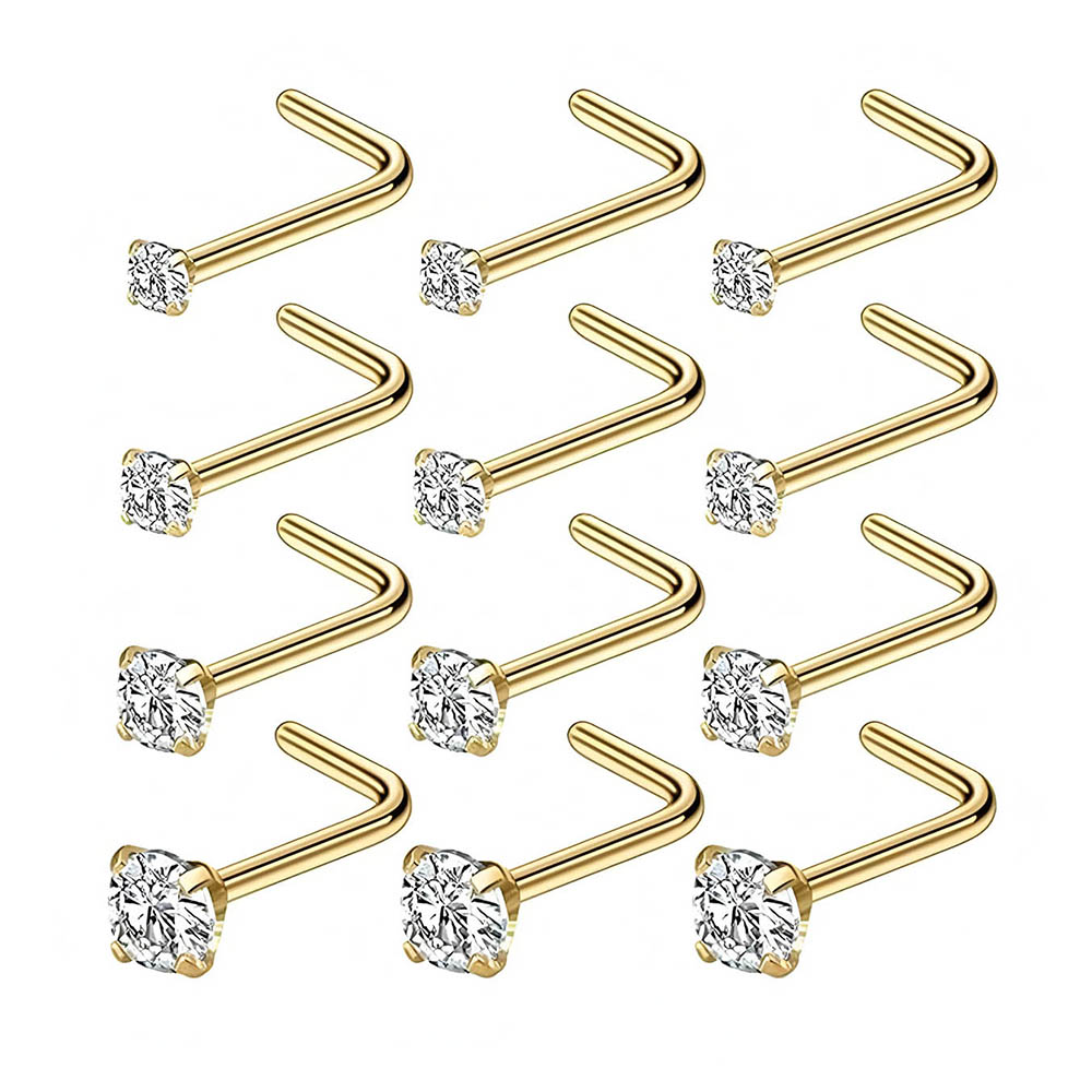 Body Jewelry Nose Studs - 12-Piece Full Set 316L Hypoallergenic L-Shape